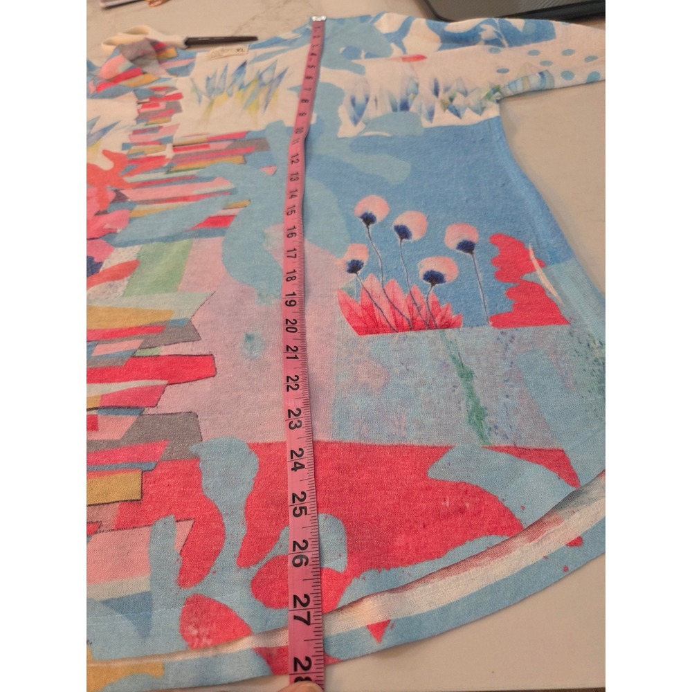 Atelier 5 Tunic XL Blue Pink Abstract Art Split Neck 3/4 Sleeve Top Coastal Boho - Picture 5 of 7